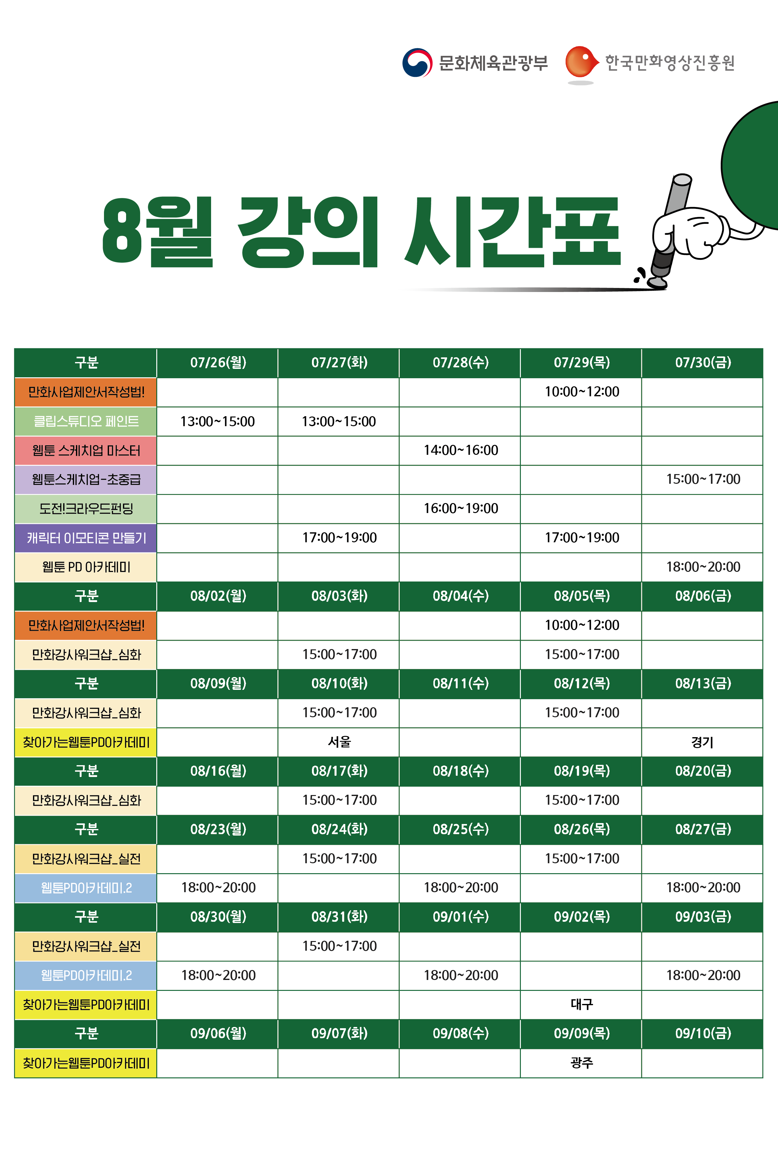 8월 강의 시간표 만화사업제안서작성법 : 07/29(목) 10:00~12:00 / 
클립스튜디오 페인트 : 07/26(월) 13:00~15:00, 07/27(화) 13:00~15:00 / 
웹툰 스케치업 마스터 : 07/28(수) 14:00~16:00 / 
웹툰스케치업-초중급 : 07/30(금) 15:00~17:00 / 
도전!크라우드펀딩 : 07/28(수) 16:00~19:00 / 
캐릭터 이모티콘 만들기 : 07/27(화) 17:00~19:00, 07/29(목) 17:00~19:00 / 
웹툰 PD 아카데미 : 07/30(금) 18:00~20:00 / 
만화사업제안서작성법 : 08/05(목) 10:00~12:00 / 
만화강사워크샵_심화 : 08/03(화) 15:00~17:00, 08/05(목) 15:00~17:00, 08/10(화) 15:00~17:00, 08/12(목) 15:00~17:00 / 
찾아가는 웹툰 PD 아카데미 : 08/10(화) 서울, 08/13(금) 경기, 08/17(화) 부산, 08/26(목) 대전, 09/02(목) 대구, 09/09(목) 광주 / 
만화강사워크샵_실전 : 08/17(화) 15:00~17:00, 08/19(목) 15:00~17:00, 08/24(화) 15:00~17:00 / 
웹툰PD아카데미2 : 08/23(월) 18:00~20:00, 08/25(수) 18:00~20:00, 08/27(금) 18:00~20:00, 08/30(월) 18:00~20:00, 09/01(수) 18:00~20:00, 09/03(금) 18:00~20:00