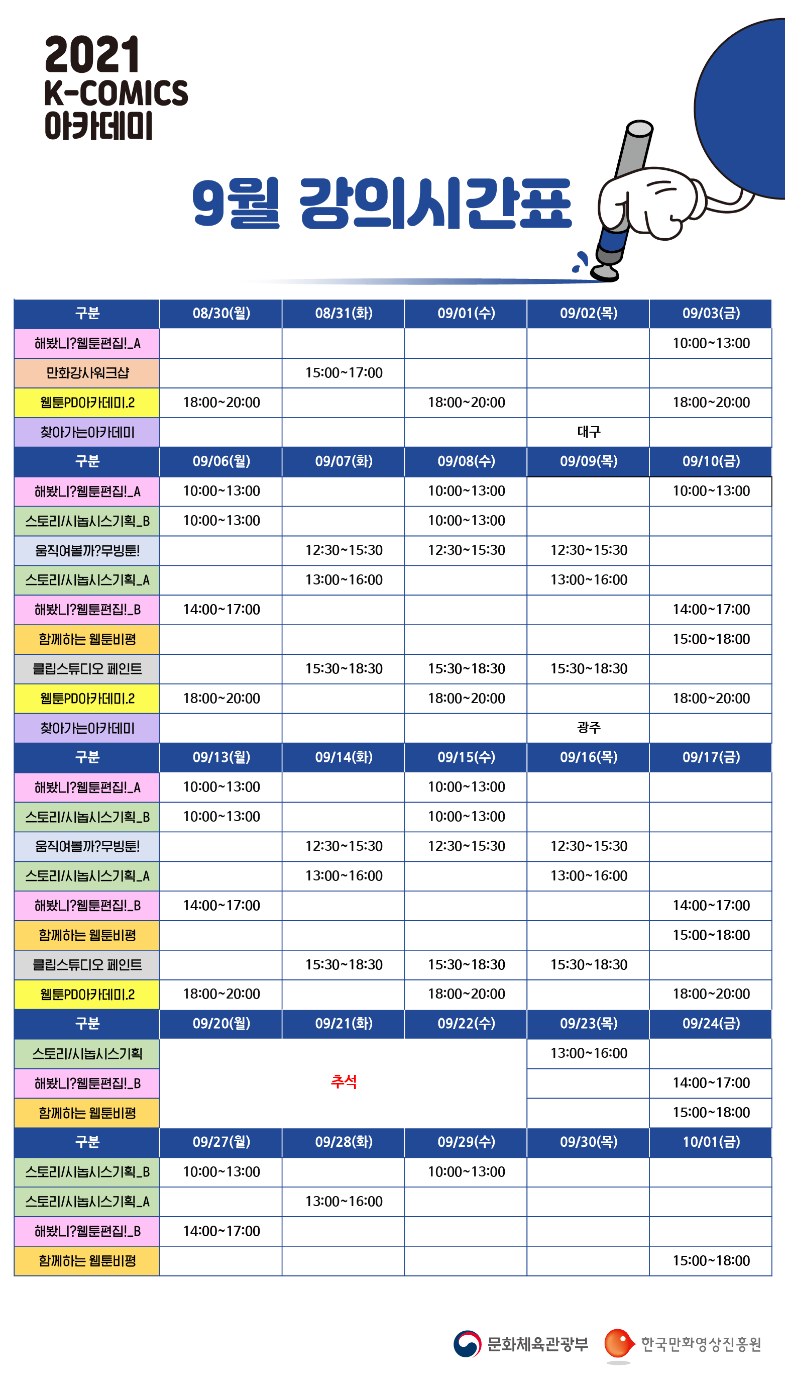 2021 K-COMICS 아카데미 9월 강의시간표 | 08/30(월) 웹툰PD아카데미.2 18:00~20:00 | 08/31(화) 만화강사워크샵 15:00~17:00 | 09/01(수) 웹툰PD아카데미.2 18:00~20:00 | 09/02(목) 찾아가는아카데미 대구 | 09/03(금) 해봤니?웹툰편집!_A 10:00~13:00, 웹툰PD아카데미.2 18:00~20:00 | 09/06(월) 해봤니?웹툰편집!_A 10:00~13:00, 스토리/시놉시스기획_B 10:00~13:00, 해봤니?웹툰편집!_B 14:00~17:00, 웹툰PD아카데미.2 18:00~20:00 | 09/07(화) 움직여볼까?무빙툰! 12:30~15:30, 스토리/시놉시스기획_A 13:00~16:00, 클립스튜디오 페인트 15:30~18:30 | 09/08(수) 해봤니?웹툰편집!_A 10:00~13:00, 스토리/시놉시스기획_B 10:00~13:00, 움직여볼까?무빙툰! 12:30~15:30, 클립스튜디오 페인트 15:30~18:30, 웹툰PD아카데미.2 18:00~20:00 | 09/09(목) 움직여볼까?무빙툰! 12:30~15:30, 스토리/시놉시스기획_A 13:00~16:00, 클립스튜디오 페인트 15:30~18:30, 찾아가는아카데미 광주 | 09/10(금) 해봤니?웹툰편집!_A 10:00~13:00, 해봤니?웹툰편집!_B 14:00~17:00, 함께하는 웹툰비평 15:00~18:00, 웹툰PD아카데미.2 18:00~20:00 | 09/13(월) 해봤니?웹툰편집!_A 10:00~13:00, 스토리/시놉시스기획_B 10:00~13:00, 해봤니?웹툰편집!_B 14:00~17:00, 웹툰PD아카데미.2 18:00~20:00 | 09/14(화) 움직여볼까?무빙툰! 12:30~15:30, 스토리/시놉시스기획_A 13:00~16:00, 클립스튜디오 페인트 15:30~18:30 | 09/15(수) 해봤니?웹툰편집!_A 10:00~13:00, 스토리/시놉시스기획_B 10:00~13:00, 움직여볼까?무빙툰! 12:30~15:30, 클립스튜디오 페인트 15:30~18:30, 웹툰PD아카데미.2 18:00~20:00 | 09/16(목) 움직여볼까?무빙툰! 12:30~15:30, 스토리/시놉시스기획_A 13:00~16:00, 클립스튜디오 페인트 15:30~18:30 | 09/17(금) 해봤니?웹툰편집!_B 14:00~17:00, 함께하는 웹툰비평 15:00~18:00, 웹툰PD아카데미.2 18:00~20:00 | 09/20(월) 추석 | 09/21(화) 추석 | 09/22(수) 추석 | 09/23(목) 스토리/시놉시스기획 13:00~16:00 | 09/24(금) 해봤니?웹툰편집!_B 14:00~17:00, 함께하는 웹툰비평 15:00~18:00 | 09/27(월) 스토리/시놉시스기획_B 10:00~13:00, 해봤니?웹툰편집!_B 14:00~17:00 | 09/28(화) 스토리/시놉시스기획_A 13:00~16:00 | 09/29(수) 스토리/시놉시스기획_B 10:00~13:00 | 09/30(목) | 10/01(금) 함께하는 웹툰비평 15:00~18:00 | 문화체육관광부 | 한국만화영상진흥원