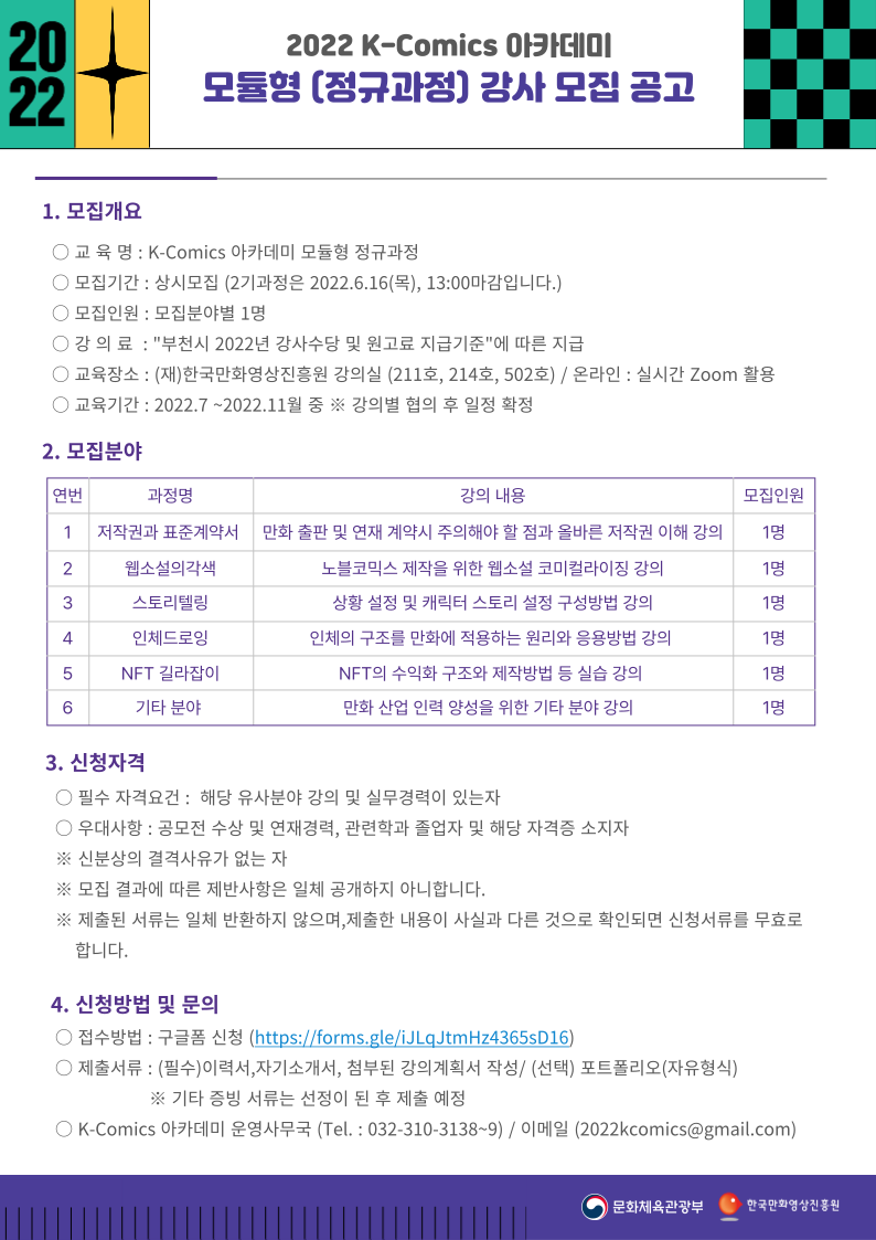 2022 K-Komics 아카데미 모듈형(정규과정) 강사 모집 공고 | 1. 모집개요 ○ 교육명 : K-Comics 아카데미 모듈형 정규과정 ○ 모집기간 : 상시모집(2기과정은 2022.6.16(목), 13:00 마감입니다.) ○ 모집인원 : 모집분야별 1명 ○ 강의료 : '부천시 2022년 강사수강 및 원고료 지급기준'에 따른 지급 ○ 교육장소 : (재)한국만화영상진흥원 강의실 (211호, 214호, 502호) / 온라인 : 실시간 Zoom 활용 ○ 교육기간 : 2022.7~2022.11월 중 ※강의별 협의 후 일정 확정 | 2. 모집분야 / ○ 연변 : 1 ○ 과정명 : 저작권과 표준계약서 ○ 강의 내용 : 만화 출판 및 연재 계약시 주의해야 할 점과 올바른 저작권 이해 강의 ○ 모집인원 : 1명 / ○ 연변 : 2 ○ 과정명 : 웹소설의 각색 ○ 강의 내용 : 노블코믹스 제작을 위한 웹소설 코미컬라이징 강의 ○ 모집인원 : 1명 / ○ 연변 : 3 ○ 과정명 : 스토리텔링 ○ 강의 내용 : 상활 설정 및 캐릭터 스토리 설정 구성방법 강의 ○ 모집인원 : 1명 / ○ 연변 : 4 ○ 과정명 : 인체드로잉 ○ 강의 내용 : 인체의 구조를 만화에 적용하는 원리와 응용방법 강의 ○ 모집인원 : 1명 / ○ 연변 : 5 ○ 과정명 : NFT 길라잡이 ○ 강의 내용 : NFT의 수익화 구조와 제작방법 등 실습 강의 ○ 모집인원 : 1명 / ○ 연변 : 6 ○ 과정명 : 기타 분야 ○ 강의 내용 : 만화 산업 인력 양성을 위한 기타 분야 강의 ○ 모집인원 : 1명 | 3. 신청자격 ○ 필수 자격요건 : 해당 유사분야 강의 및 실무경력이 있는자 ○ 우대사항 : 공모전 수상 및 연재경력, 관련학과 졸업자 및 해당 자격증 소지자 ※신분상의 결격사유가 없는 자 ※모집 결과에 따른 제반사항은 일체 공개하지 아니합니다. ※제출된 서류는 일체 반환하지 않으며, 제출한 내용이 사실과 다른 것으로 확인되면 신청서류를 무효로 합니다. | 4. 신청방법 및 문의 ○ 접수방법 : 구글폼 신청(https://forms.gle/iJLqJtmHz4365sD16) ○ 제출서류 : (필수)이력서, 자기소개서, 첨부된 강의계획서 작성 / (선택) 포트폴리오(자유형식) ※기타 증빙 서류는 선정이 된 후 제출 예정 ○ K-Komics 아카데미 운영사무국 (Tel : 032-310-3138~9) / 이메일(2022komics@gmail.com) | 문화체육관광부 | 한국만화영상진흥원