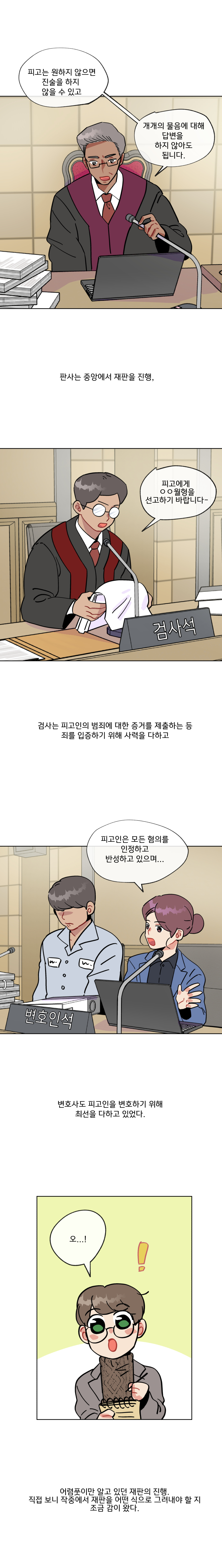 피고는 원하지 않으면 진술을 하지 않을 수 있고 개개의 물음에 대해 답변을 하지 않아도 됩니다. 판사는 중앙에서 재판을 진행, (피고에게 ~~월형을 선고하기 바랍니다 -검사석-) 검사는 피고인의 범죄에 대한 증거를 제출하는 등 죄를 입증하기 위해 사력을 다하고 (피고인은 모든 혐의를 인정하고 반성하고 있으며... -변호인석- ) 변호사도 피고인을 변호하기 위해 최선을 다 하고 있었다. (오...!) 어렴풋이만 알고 있던 재판의 진행. 직접 보니 작중에서 재판을 어떤 식으로 그려내야 할지 조금 감이 왔다.